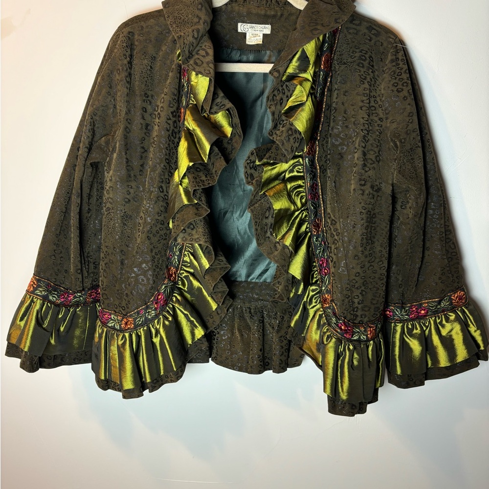 Grace Chuang Brown leopard and Green Ruffled Jacket Blazer